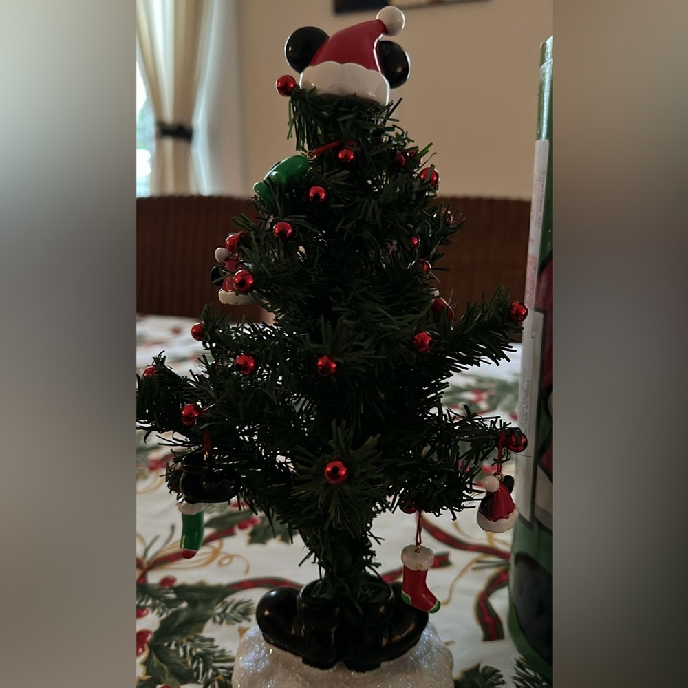 Vintage Miniature Mickey Mouse Christmas Tree with Red and Green Ornaments